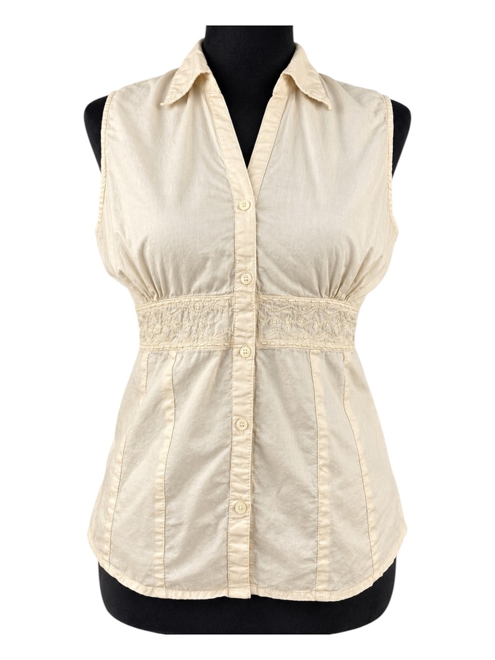 Vintage Y2K GNW Cotton Beaded Embroidered Empire Waist Button-Down Top Medium